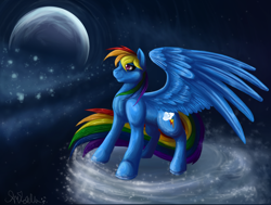 Size: 2120x1603 | Tagged: safe, artist:wildheart-wolfsong, derpibooru import, rainbow dash, pegasus, pony, moon, signature, solo, spread wings, stargazing, stars