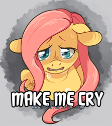 Size: 534x600 | Tagged: safe, artist:clovercoin, fluttershy, pegasus, pony, bust, caption, colored pupils, crying, floppy ears, looking at you, solo