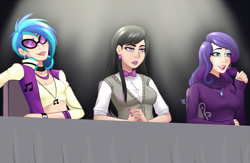 Size: 2000x1303 | Tagged: safe, artist:emberfan11, dj pon-3, octavia melody, rarity, vinyl scratch, human, bloom and gloom, clothes, female, humanized, scene interpretation