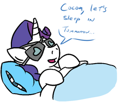 Size: 694x579 | Tagged: safe, artist:jargon scott, rarity, pony, unicorn, alternate universe, blanket, cute, dialogue, eyepatch, pillow, sleeping, solo, sword rara