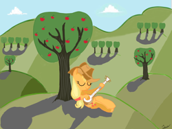 Size: 800x600 | Tagged: safe, artist:masterdashie, applejack, earth pony, pony, pinkie apple pie, banjo, farm, music, musical instrument, solo, sweet apple acres