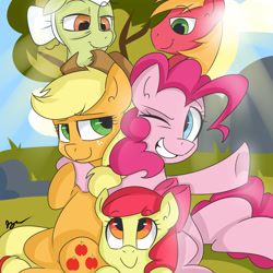 Size: 4000x4000 | Tagged: safe, artist:bloodyhellhayden, apple bloom, applejack, big macintosh, granny smith, pinkie pie, earth pony, pony, pinkie apple pie, male, stallion