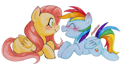 Size: 3371x1854 | Tagged: safe, artist:pilssken, derpibooru import, fluttershy, rainbow dash, pegasus, pony, blushing, eye contact, female, flutterdash, folded wings, lesbian, looking at each other, mare, profile, prone, shipping, simple background, smiling, traditional art, transparent background