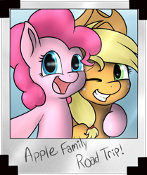 Size: 820x980 | Tagged: safe, artist:vividvulpine, applejack, pinkie pie, earth pony, pony, pinkie apple pie, applepie, selfie, shipping