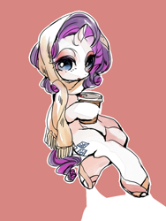 Size: 480x640 | Tagged: safe, artist:wan, rarity, pony, unicorn, clothes, coffee, scarf, shoes, solo