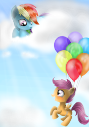 Size: 600x850 | Tagged: safe, artist:chanceyb, derpibooru import, rainbow dash, scootaloo, pegasus, pony, balloon, cloud, cloudy, cute