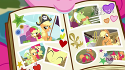 Size: 1073x600 | Tagged: safe, screencap, apple bloom, applejack, big macintosh, granny smith, pinkie pie, earth pony, pony, pinkie apple pie, banjo, drool, female, hub logo, male, mare, mouth hold, musical instrument, photo, photo album, pirate, plot, scrapbook, stallion