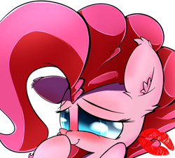 Size: 1000x900 | Tagged: safe, artist:madacon, pinkie pie, earth pony, pony, bedroom eyes, blushing, boop, covering, cute, ear fluff, fluffy, in love, kiss mark, lipstick, shy, smiling, solo