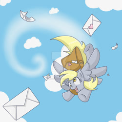 Size: 1024x1024 | Tagged: safe, artist:yoshimarsart, derpy hooves, pegasus, pony, female, flying, letter, mailbag, mare, open mouth, solo, watermark