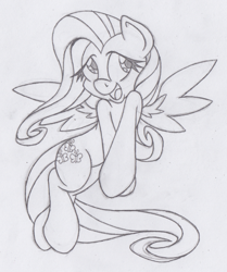 Size: 414x496 | Tagged: safe, artist:dfectivedvice, fluttershy, pegasus, pony, flying, grayscale, monochrome, sketch, smiling, solo, traditional art