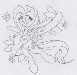 Size: 624x607 | Tagged: safe, artist:dfectivedvice, fluttershy, pegasus, pony, flower, flying, grayscale, monochrome, sketch, solo, traditional art, yay