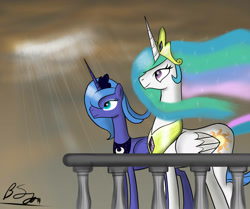 Size: 2000x1675 | Tagged: safe, artist:blablashmo, princess celestia, princess luna, alicorn, pony, balcony, crepuscular rays, s1 luna, signature, sisters, smiling