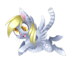 Size: 2661x2129 | Tagged: safe, artist:scarlet-spectrum, derpy hooves, cat, catified, cute little fangs, fangs, flying, open mouth, simple background, solo, species swap, transparent background