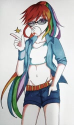 Size: 756x1280 | Tagged: safe, artist:dez, derpibooru import, rainbow dash, human, belly button, bubblegum, clothes, food, gum, humanized, jacket, looking at you, midriff, one eye closed, shorts, solo, traditional art, wink