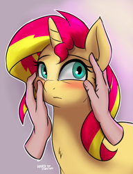 Size: 2000x2600 | Tagged: safe, artist:hardbrony, sunset shimmer, human, pony, unicorn, blushing, cheek fluff, cheek rub, chest fluff, cute, daaaaaaaaaaaw, disembodied hand, female, hand, human on pony petting, mare, petting, shimmerbetes, simple background, solo focus, touching face