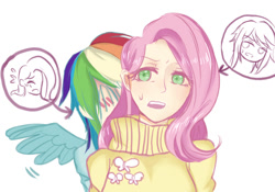 Size: 1000x700 | Tagged: safe, artist:dez, derpibooru import, fluttershy, rainbow dash, human, blushing, clothes, female, flutterdash, hiding, humanized, lesbian, shipping, simple background, white background, winged humanization, wings