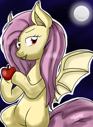 Size: 1024x1388 | Tagged: safe, artist:stockingstreams, fluttershy, bat pony, pony, apple, apple juice, fangs, flutterbat, looking at you, moon, night, race swap, solo