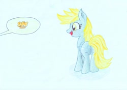 Size: 1086x768 | Tagged: artist needed, safe, derpy hooves, pegasus, pony, female, food, mare, muffin, plot, smiling, traditional art