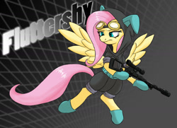 Size: 1269x920 | Tagged: safe, artist:darksittich, fluttershy, pegasus, pony, abstract background, bunny ears, clothes, dangerous mission outfit, female, flutterbadass, flying, goggles, gun, hoodie, hooves, mare, optical sight, rifle, sniper, sniper rifle, solo, spread wings, text, weapon, wings