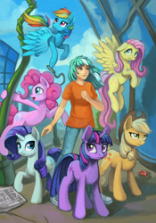 Size: 800x1146 | Tagged: safe, artist:maytee, derpibooru import, applejack, fluttershy, lyra heartstrings, pinkie pie, rainbow dash, rarity, twilight sparkle, unicorn twilight, earth pony, human, pegasus, pony, unicorn, fanfic:anthropology, clothes, fanfic art, female, humanized, mane six, mare, pants, shirt