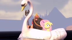 Size: 1366x768 | Tagged: safe, artist:fezwearingdoctor, fluttershy, pegasus, pony, 3d, angry, axe, boat, gmod, heavy, lake, scared, swan boat, team fortress 2, waifu