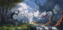 Size: 2250x1080 | Tagged: safe, artist:shamanguli, derpibooru import, rainbow dash, pegasus, pony, cloud, female, flying, mare, river, scenery, scenery porn, solo, torrent, tree, valley, waterfall