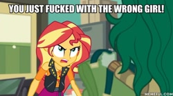 Size: 600x337 | Tagged: safe, edit, edited screencap, screencap, sunset shimmer, wallflower blush, better together, equestria girls, forgotten friendship, angry, image macro, meme, vulgar