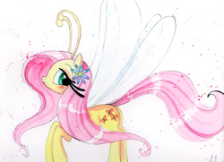 Size: 1152x836 | Tagged: safe, artist:prettypinkpony, fluttershy, breezie, pegasus, pony, flower, flower in hair, looking back, solo, traditional art