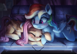 Size: 3600x2550 | Tagged: safe, artist:vanillaghosties, derpibooru import, fluttershy, rainbow dash, pegasus, pony, backwards cutie mark, cute, dashabetes, duo, eyes closed, female, high res, indoors, lamp, mare, movie, pillow, prone, scared, scary movie, shyabetes, sofa, television