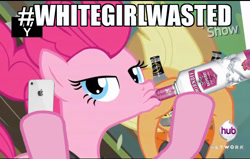 Size: 1280x813 | Tagged: safe, applejack, pinkie pie, earth pony, pony, pinkie apple pie, alcohol, duckface, hashtag, iphone, meme, mike's hard lemonade, selfie, selfie olympics, smirnoff, vodka