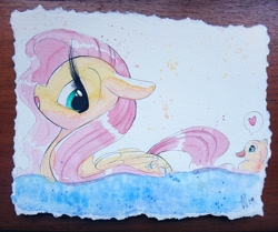 Size: 958x800 | Tagged: safe, artist:prettypinkpony, fluttershy, pegasus, pony, duckling, heart, looking back, solo, traditional art, water