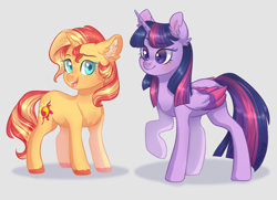 Size: 1024x741 | Tagged: safe, artist:sannykat, sunset shimmer, twilight sparkle, twilight sparkle (alicorn), alicorn, pony, unicorn, colored wings, cute, duo, female, mare, multicolored wings, shimmerbetes, smiling, twiabetes, unshorn fetlocks, wings