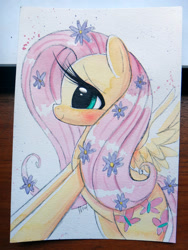 Size: 794x1058 | Tagged: safe, artist:prettypinkpony, fluttershy, pegasus, pony, big curvy eyelashes, flower in hair, smiling, solo, traditional art