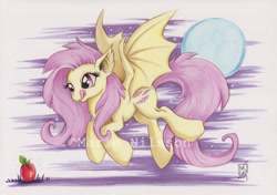 Size: 1500x1054 | Tagged: safe, artist:kattvalk, fluttershy, apple, flutterbat, marker drawing, moon, solo, spread wings, tongue out, traditional art, watermark