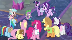 Size: 1920x1080 | Tagged: safe, screencap, applejack, cozy glow, fluttershy, pinkie pie, rainbow dash, rarity, spike, starlight glimmer, twilight sparkle, twilight sparkle (alicorn), alicorn, dragon, earth pony, pegasus, pony, unicorn, school raze, female, filly, mane seven, mane six, mouth hold, paper bag, plot, saddle bag, winged spike