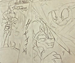 Size: 500x419 | Tagged: safe, artist:alice-kiryu, king sombra, pinkie pie, earth pony, pony, unicorn, comic, fight, monochrome, sketch, traditional art