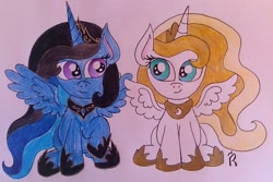 Size: 1024x685 | Tagged: safe, artist:dawn-designs-art, princess celestia, princess luna, recolor, white and gold or black and blue dress meme