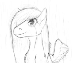 Size: 754x651 | Tagged: safe, artist:tempusfidgets, fluttershy, pegasus, pony, crying, monochrome, rain, smiling, solo, wet mane