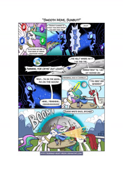 Size: 900x1274 | Tagged: safe, artist:burning-heart-brony, nightmare moon, princess celestia, princess luna, oc, oc:fausticorn, alicorn, pony, comic, elements of harmony, lauren faust, moon, spit take