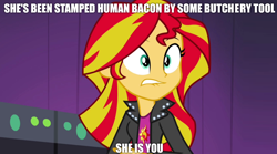 Size: 1280x714 | Tagged: safe, edit, edited screencap, screencap, sunset shimmer, equestria girls, bacon, bacon hair, fixed, food, genesis, image macro, lip bite, lyrics, meat, meme, solo, song reference, supper's ready, text