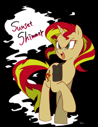 Size: 1400x1800 | Tagged: safe, artist:potetecyu_to, sunset shimmer, pony, unicorn, bag, black background, female, mare, simple background, solo