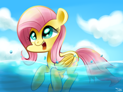 Size: 800x600 | Tagged: safe, artist:sion-ara, fluttershy, pegasus, pony, happy, open mouth, solo, swimming, water