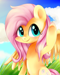 Size: 800x1000 | Tagged: safe, artist:sion-ara, fluttershy, pegasus, pony, chest fluff, looking at you, raised hoof, smiling, solo