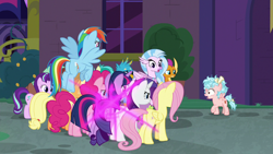 Size: 1280x720 | Tagged: safe, screencap, applejack, cozy glow, fluttershy, gallus, pinkie pie, rainbow dash, rarity, sandbar, silverstream, smolder, spike, starlight glimmer, twilight sparkle, twilight sparkle (alicorn), yona, alicorn, dragon, earth pony, pegasus, pony, unicorn, school raze, female, filly, mane seven, mane six, shocked, winged spike