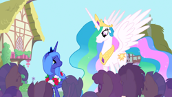 Size: 1366x768 | Tagged: safe, screencap, amethyst star, coco crusoe, dizzy twister, doctor whooves, lyra heartstrings, orange swirl, princess celestia, princess luna, sparkler, alicorn, pony, friendship is magic, flower, s1 luna, wreath