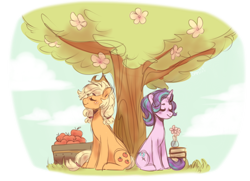 Size: 918x666 | Tagged: safe, artist:s1nb0y, applejack, starlight glimmer, earth pony, pony, unicorn, apple, book, duo, duo female, eyes closed, female, flower, food, mare, simple background, sitting, smiling, transparent background, tree, under the tree