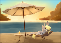 Size: 1680x1200 | Tagged: safe, artist:scootiebloom, derpy hooves, pegasus, pony, beach, digital painting, drink, female, looking at you, mare, solo, sunset, umbrella, underhoof