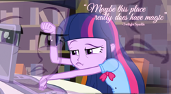 Size: 1274x704 | Tagged: safe, derpibooru import, twilight sparkle, equestria girls, faic, inspirational, inverted mouth, keyboard, quote, text