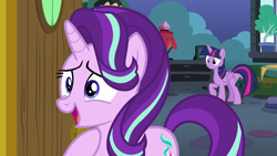 Size: 1280x720 | Tagged: safe, screencap, starlight glimmer, twilight sparkle, twilight sparkle (alicorn), alicorn, pony, unicorn, celestial advice, bed, cutie mark, door, duo, duo female, female, hoof on chest, mare, smiling