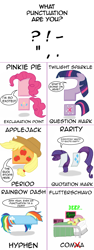 Size: 964x2568 | Tagged: safe, artist:dsninja, derpibooru import, applejack, fluttershy, pinkie pie, rainbow dash, rarity, twilight sparkle, earth pony, pegasus, pony, unicorn, ask, ask pun, coma, dash, exclamation point, hyphen, mane six, punctuation, question mark, terri schiavo